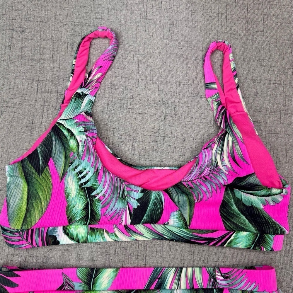 Tropical Leaf Print Ribbed Cheeky Bikini Set Hot Pink Green Medium - Picture 8 of 12